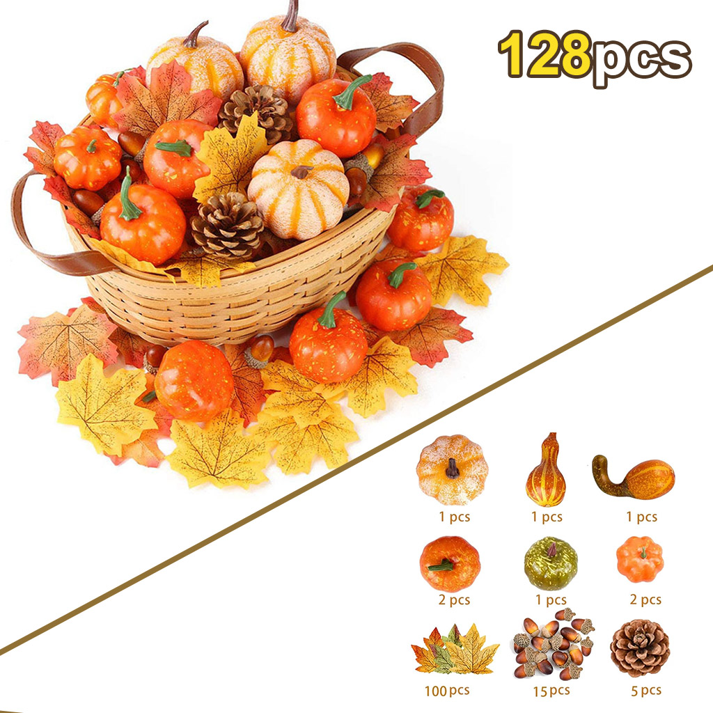 50Pcs/Set Fall Decoration Pumpkins and Maple Leaves Pine Cones Acorns Halloween Tanksgiving Christmas Festival Decor: 128pcs