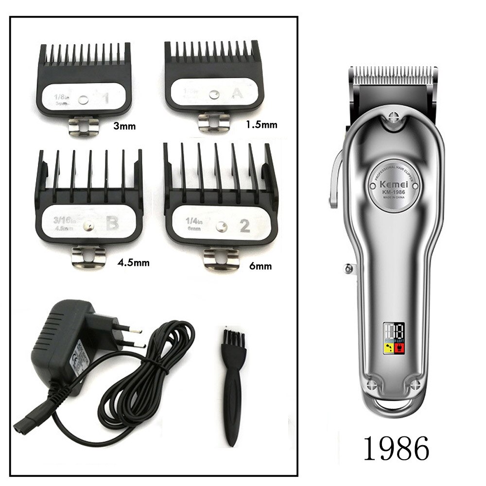 Kemei km -1986 + pg frisør hårklipper fræser elektrisk trådløs hårtrimmer hårklipper helt metal: Sølv uden kasse 1986