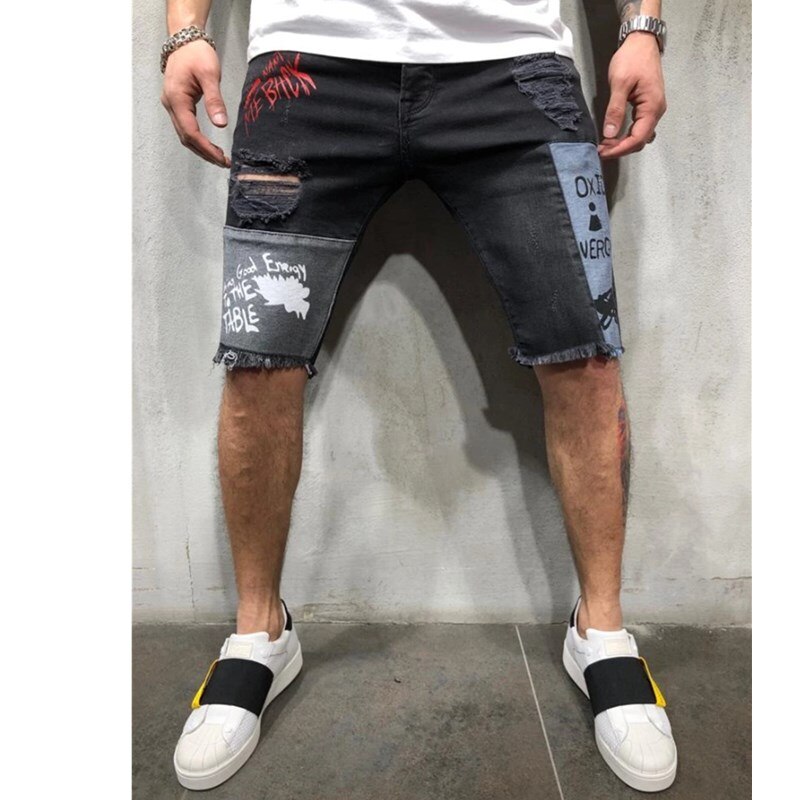 Summer Men Ripped Printed Letters Stretch Denim Shorts Male Slim Fit Elastic Patchwork Hip Hop Casual Denim Shorts