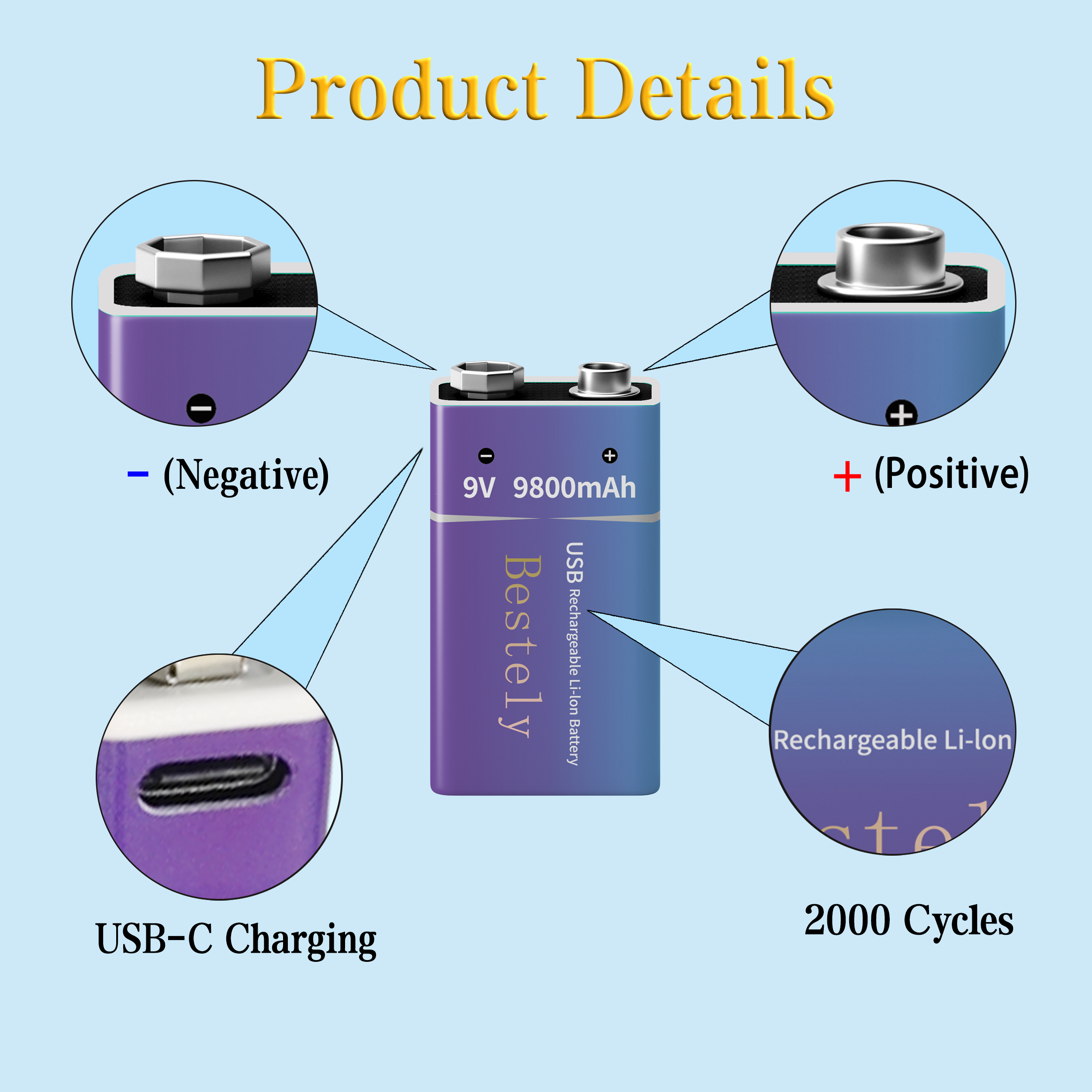 Neue 9V 9800mAh Lithium-Ionen-Akku Langlebige 9v Li-Ion Batterien mit Kabel für Rauchmelder Mikrofon Alarm