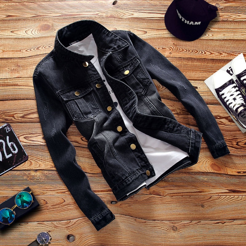 Teen trophy denim jacket, black double bag solid lapel jacket