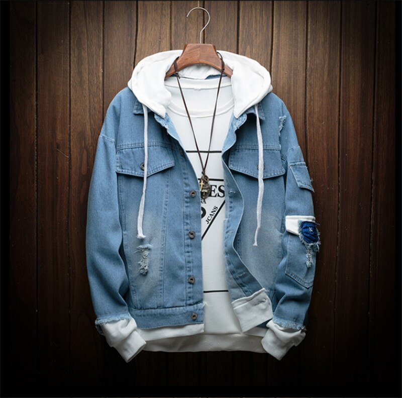 Veste d'automne en Denim à capuche homme, vêtement de Cowboy homme, en faux deux pièces de Streetwear, à la: Bleu / XXXL