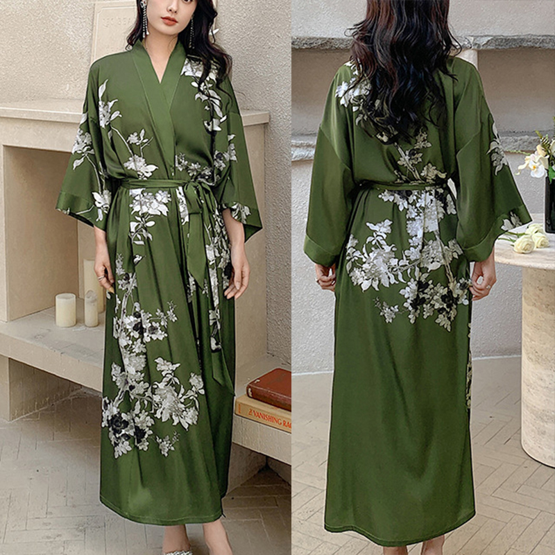 Albornoz tipo kimono largo con estampado de flores para mujer, bata de boda Sexy de media manga, camisón de rayón para primavera y verano, vestido para casa, ropa de dormir: Castaño
