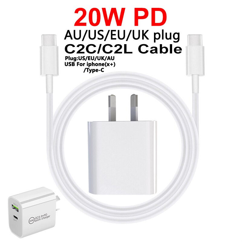 Szybka wtyczka USB PD 5V3A 9V2A QC3.0 telefon komórkowy tablet kabel ładowania dla UK/AU/US/ue dla iPhone/type-c 20W ładowarka biurowa