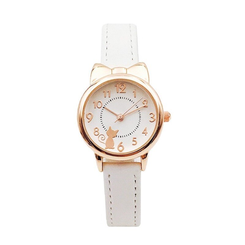 Leuke Casual Meisje Horloge Kids Leuke Lederen Band Cat Horloges Waterdicht Mooie Kid Kinderen Quartz Student Polshorloge: white rose gold