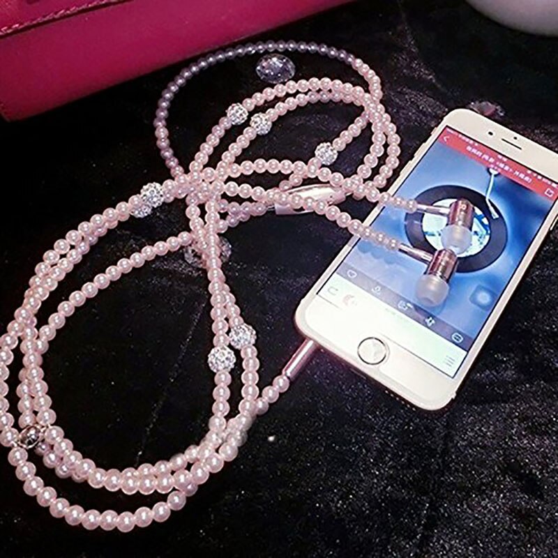 Parel Oortelefoon Strass Ketting Oortelefoon Roze meisje Parel headset 3.5mm Magnetische Bass Oortelefoon Voor Iphone Xiaomi