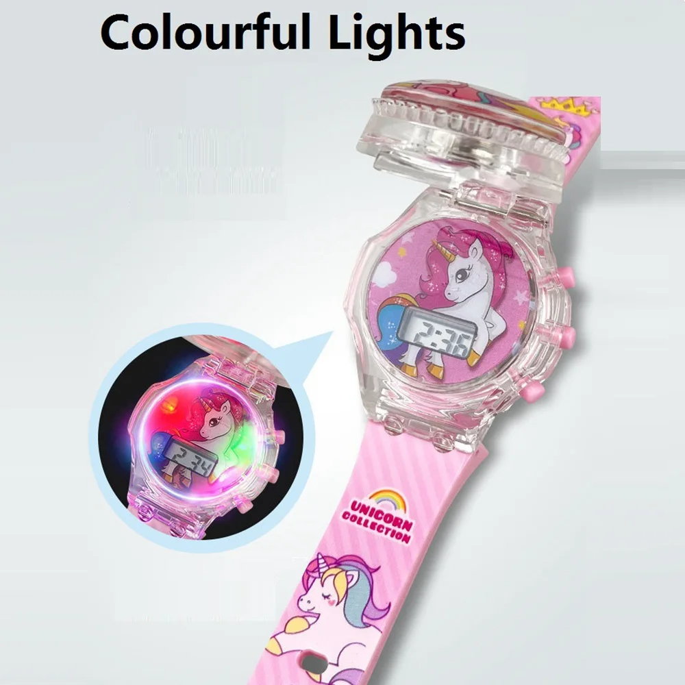 Montre électronique de dessin animé pour enfants, montres-bracelets numériques pour filles, horloge jouet mignonne, lumière flash tournante, de fête Nairobi Orn, musique