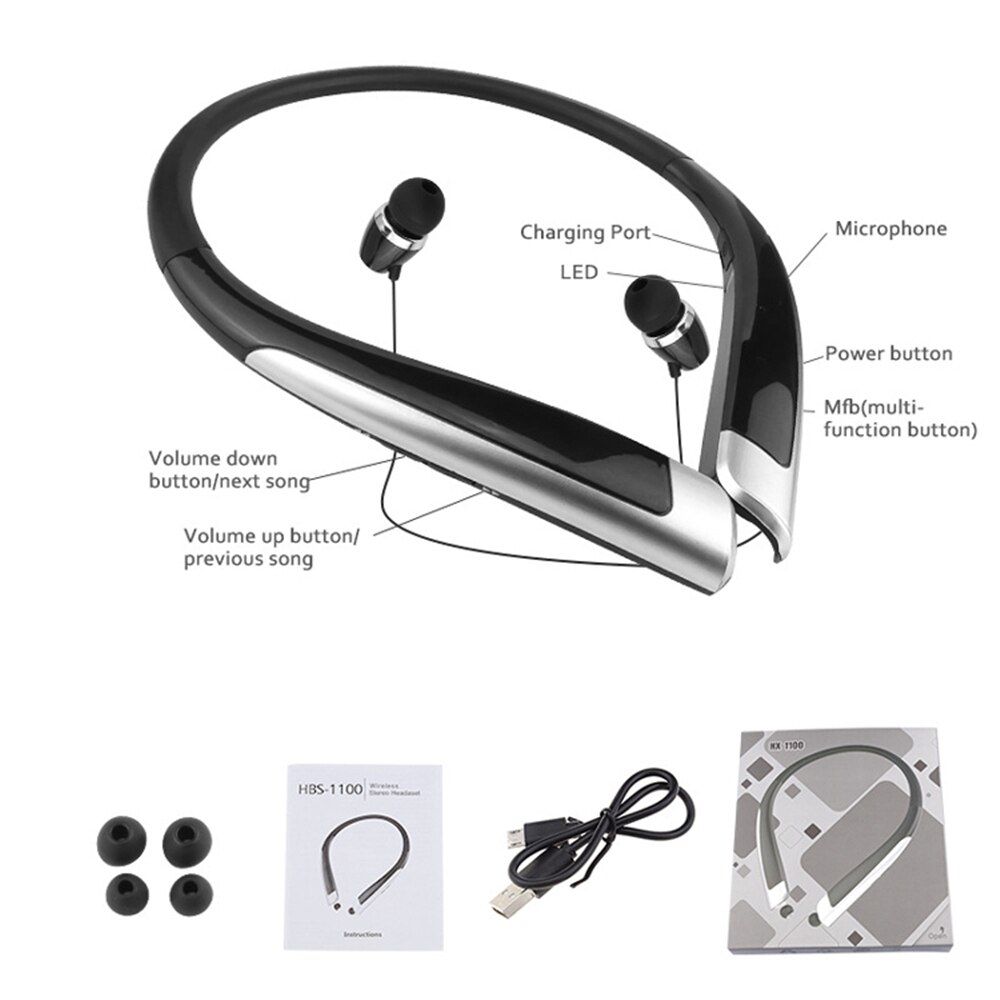 HBS-1100 Stereo Bluetooth Headphone Binaural Hand-free Neckband Earphones Mini Wireless Headset: Black