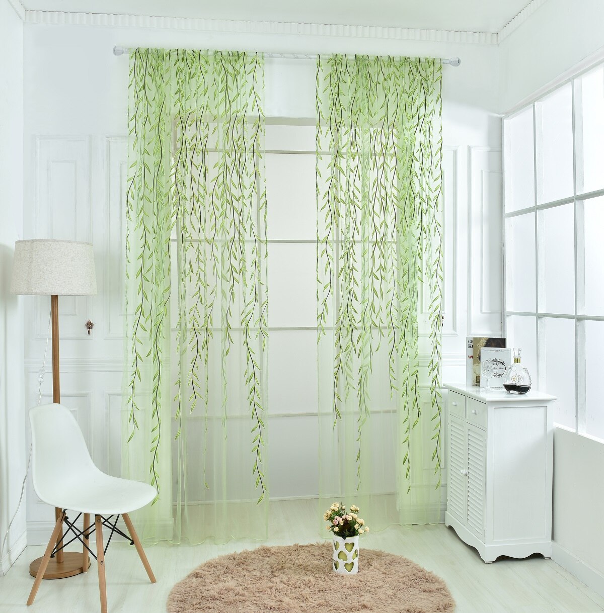 Modern Tulle Curtains for Living Room Bedroom Kitchen Green Leaf Sheer Curtains for Window Tulle Curtains Drapes: 1PC Green / 100X200cm