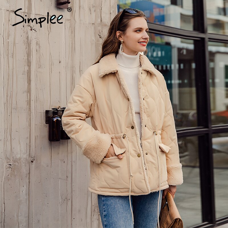 Simplee casual aprikos damkläder långärmad skarvning kvinnors varma parka high street stil damas parkas höst vinter