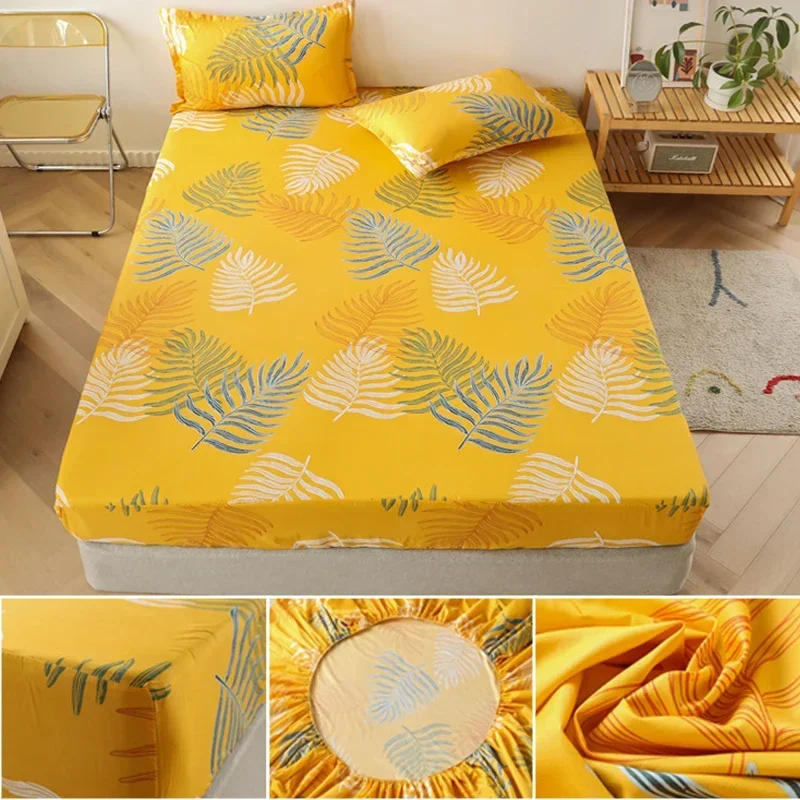 Polyester Print Fitted Sheet with Elastic Band Non Slip Mattress Cover Pillowcase for Single Double Bed 90/120/150/180cm