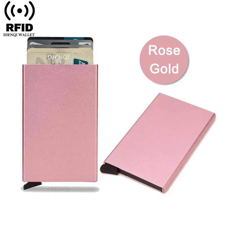 Rfid-Kreditkartenetui, Metall, dünn, schlank, intelligente Geldbörse, Herren- und Damen-Geldbörsen, Pop-Up, minimalistische kleine schwarze Geldbörse, Mini-Geldbörsen für Herren: Rosa