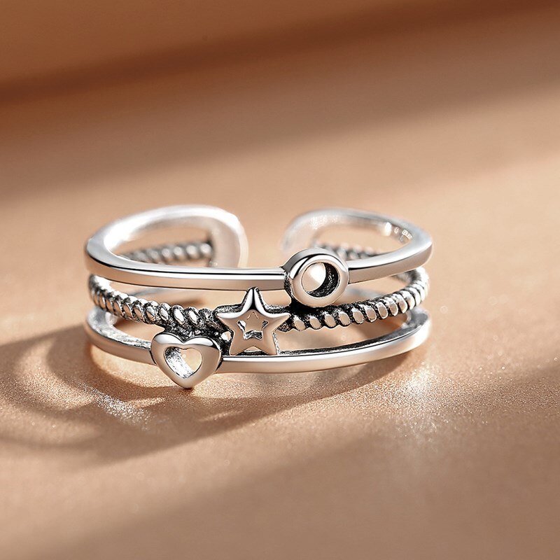 925 Sterling Silber Ring Hohl Frau Modeschmuck Einstellbare Ring retro Herz geformt thailändisch Silber Schwarz