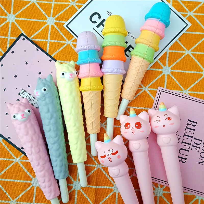 Novelty Soft Squishy Ballpoint Pen Cap Topper Ice cream Unicorn Cat Ballpen Learning Office Stationery Supplier