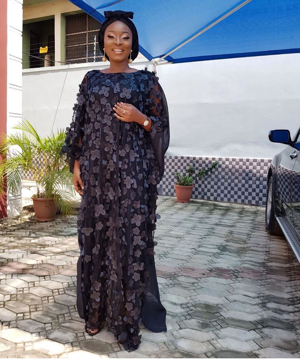 Gasa estilo africano mujeres vestidos largos Casual Oversize holgado femenino manga murciélago Vintage Maxi vestido y forro: Black