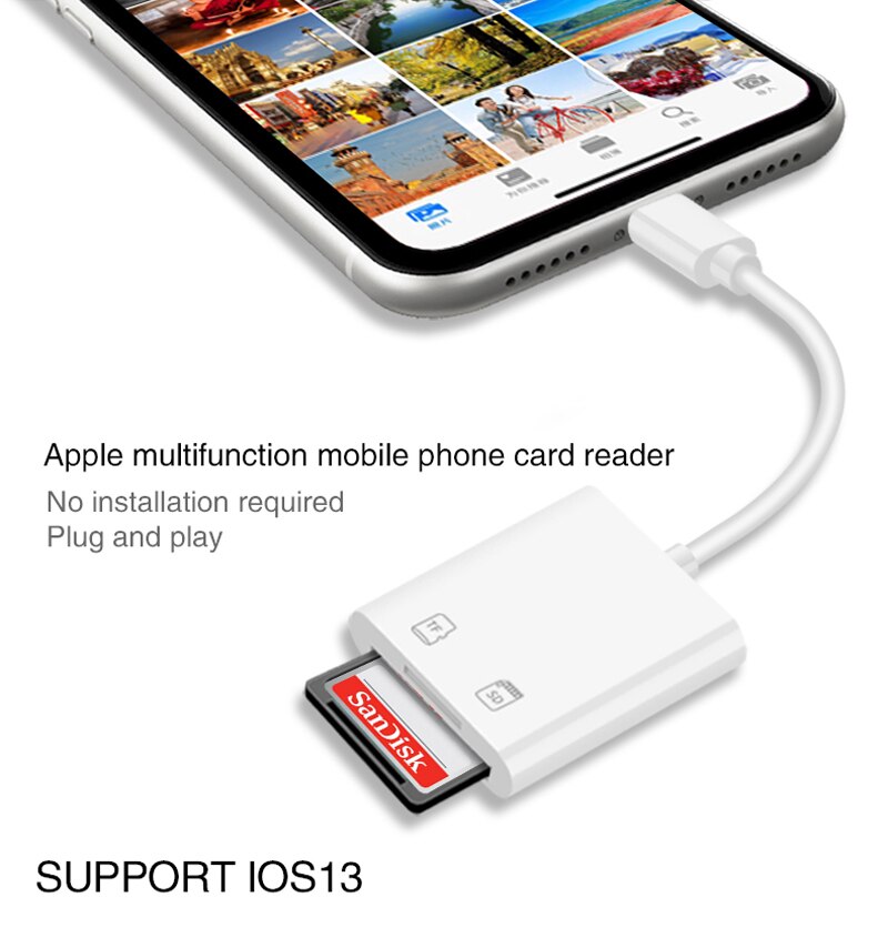 Multi Card Reader of Lightning For SD TF Memory Card Readers Support IOS13 OTG Adapter Cable For iPhone 6/7/8/X/XR/11