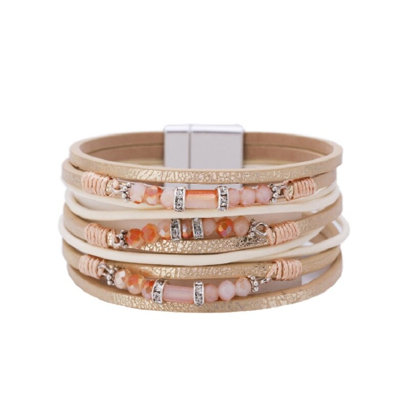 Amorcome Multi-layer Leren Armband Bohemian Bangle Met Magnetische Sluiting Kristal Kralen Wrap Manchet Armbanden Sieraden Voor Vrouwen: as picture shwon