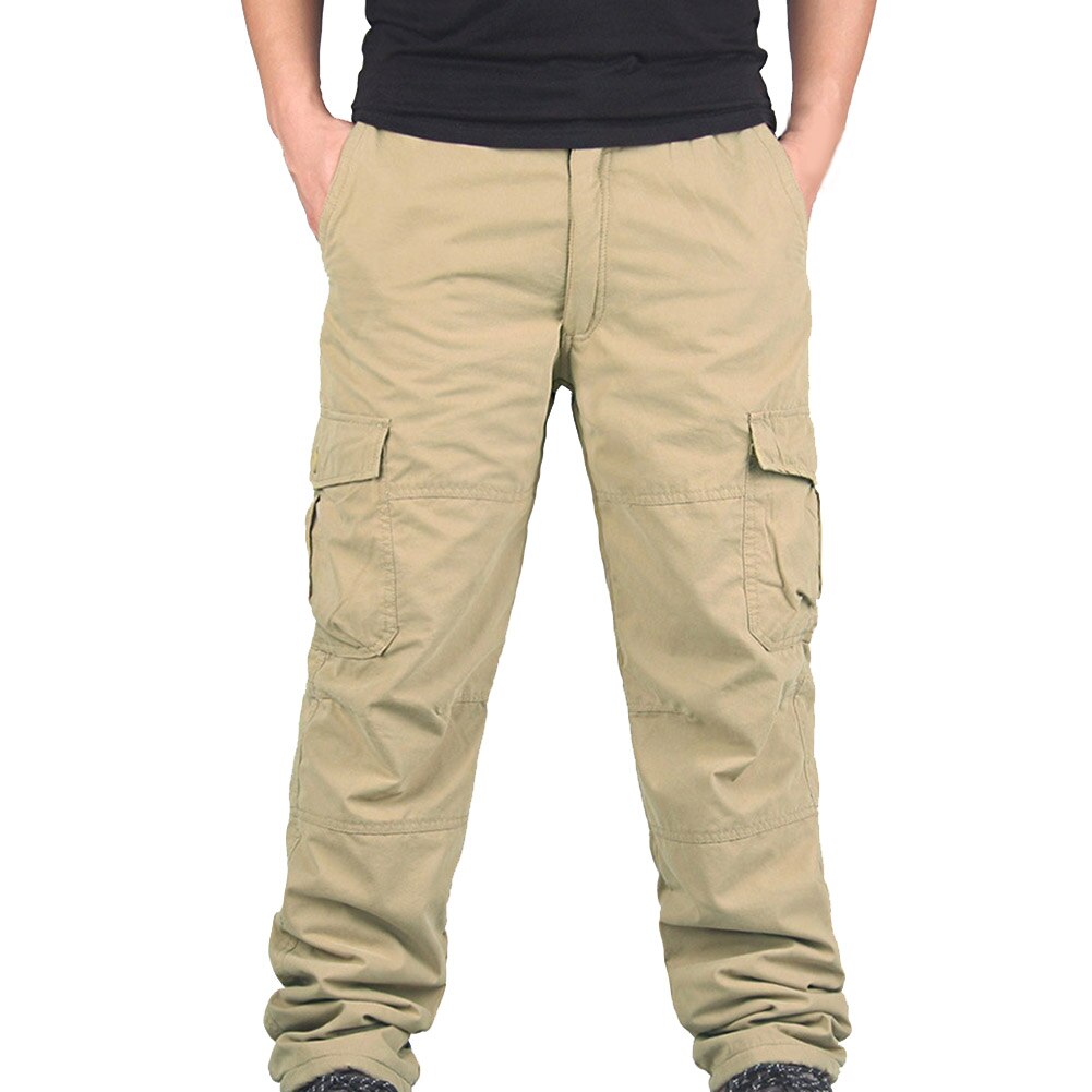 Pantalones de invierno cálidos para hombre, forrado con Polar térmico, multibolsillos, gruesos y sueltos, XD88,: XXXL / khaki