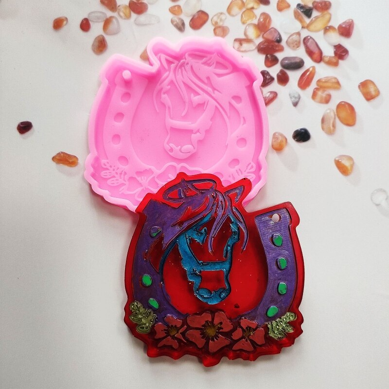 Mold Shiny Glossy Horseshoe Flower Keychain Silicone Epoxy Resin Mold DIY Keychain Pendant Jewelry for Valentine Craft