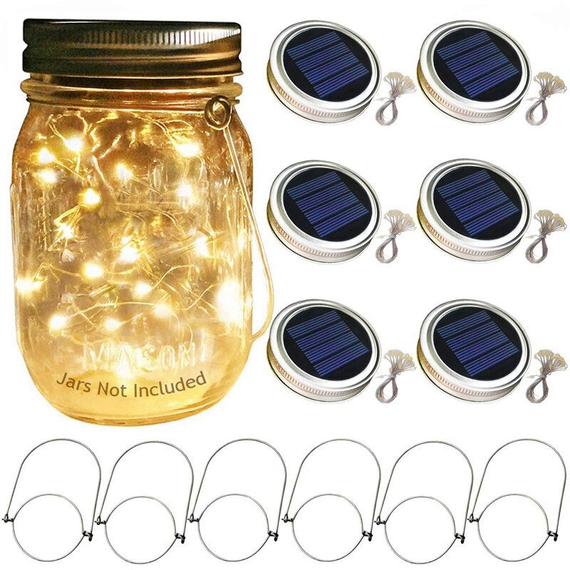 Lumières solaires de couvercle de pot de Mason, paquet de 6 20 lumières de couvercles de pot de luciole d'étoile de fée de ficelle de Led, 6 cintres inclus (pots non inclus), Patio