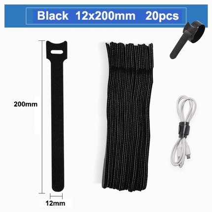 10pcs/Releasable Cable Ties Plastics Hook Loop Fastening Reusable Cable Ties Nylon Loop Wrap Zip Bundle T-type Cable Tie Wire: Black 12x200MM