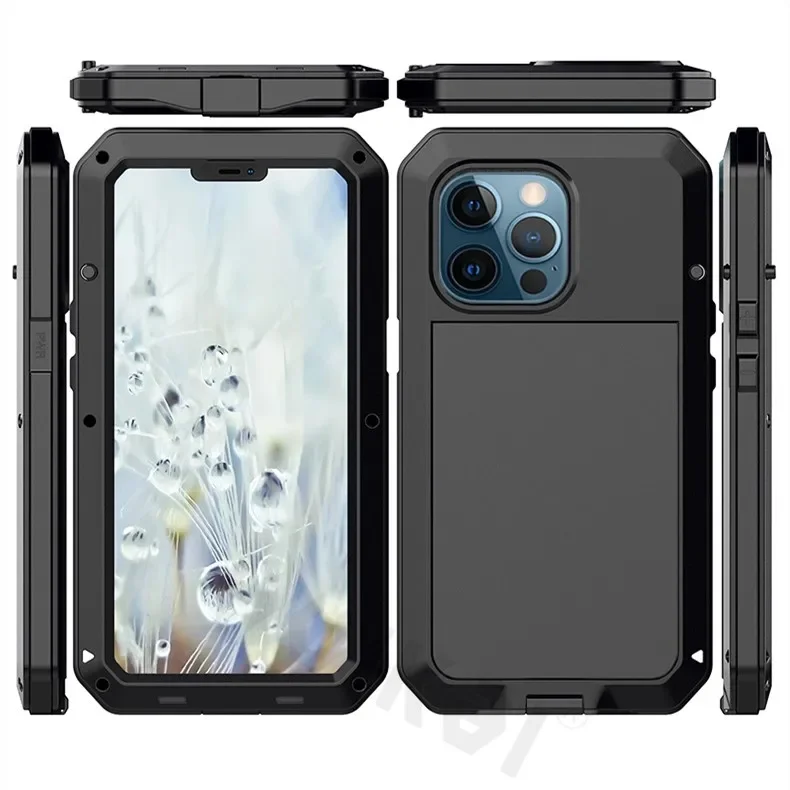 Metalen behuizing voor iPhone 16 Pro Max iPhone 15 Pro Max 14 13 Heavy Duty Schokbestendig Robuust Glas Schermlichaam Beschermhoes: PVC / Black
