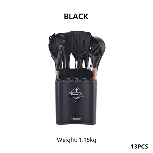 Juego de utensilios de silicona para la cocina, espátulas y palas antiadherentes con mango de madera, instrumentos para cocinar con recipiente de almacenamiento, accesorios para cocinas: Black