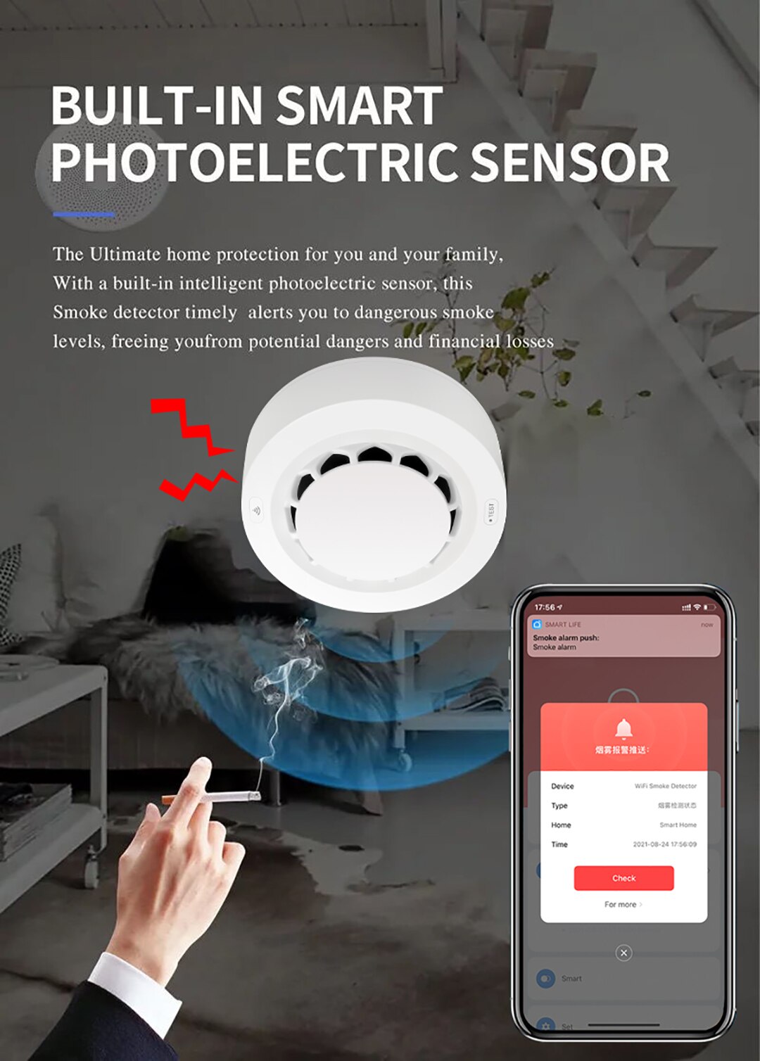 Tuya-alarma de humo con WiFi para el hogar, Detector de humo de protección contra incendios, combinación de alarma contra incendios, sistema de seguridad para el hogar, bomberos, 1-4 piezas