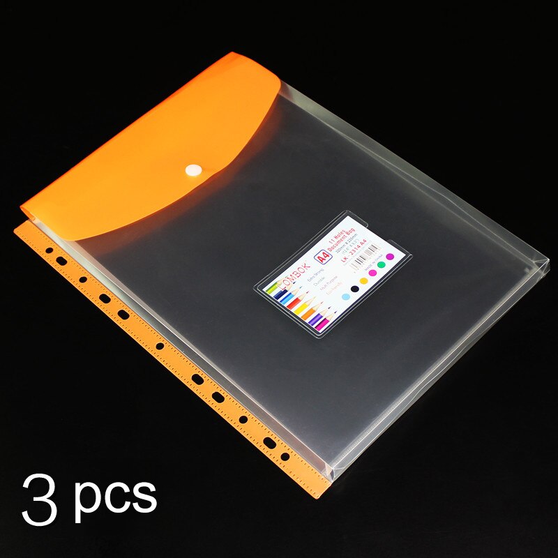 Bolsa de documentos transparente A4 de 3 piezas, carpetas de archivos de hojas sueltas de 11 agujeros, bolsa de información gruesa de película protectora a presión de gran capacidad: A orange