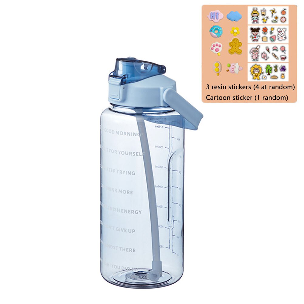 2L Große Kapazität Wasser Flasche mit prallen Kappe Timeline Erinnerung draussen Sport und Fitness Dicht Peeling Tasse mit aufkleber: 3DSticker  Blau