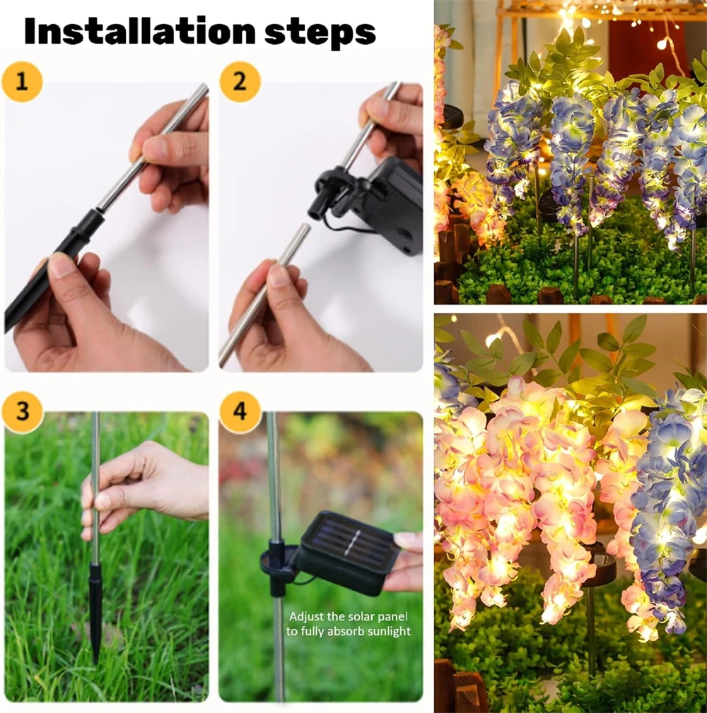 Lampes solaires de jardin extérieures, 4 Branches, lumières de fleurs pour l'extérieur, 2 Modes, décoration de jardin étanche pour cour, Patio, allée, arrière-cour