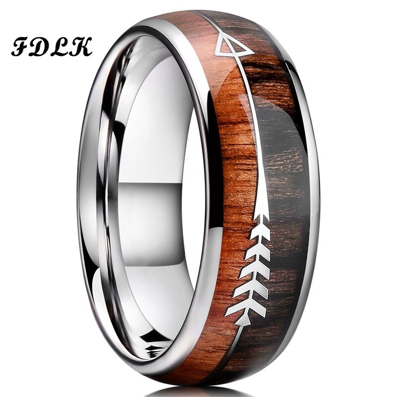 FDLK 8MM Men&#39;s Stainless Steel Ring Koa Wood Inlaid Arrow Engagement Band Wedding Jewelry For Him