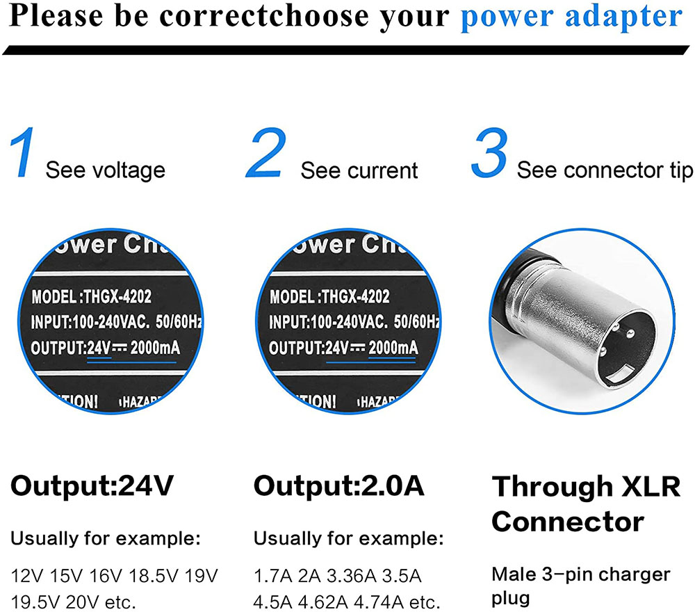 24V 3A 5A XLR Lead Acid Charger For Go-Go Elite Traveller Plus Jazzy Chair Wheelchair Wheels Razor Hoverboard