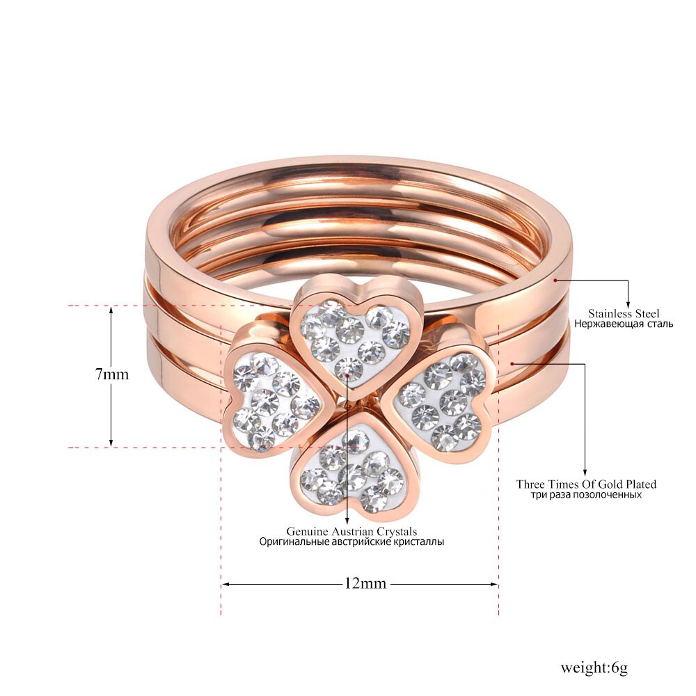 JeeMango Classic 3 In 1 Rose Gold CZ Crystal Love Heart Flower Ring Jewelry Stainless Steel Wedding Ring For Women Girls JR19074