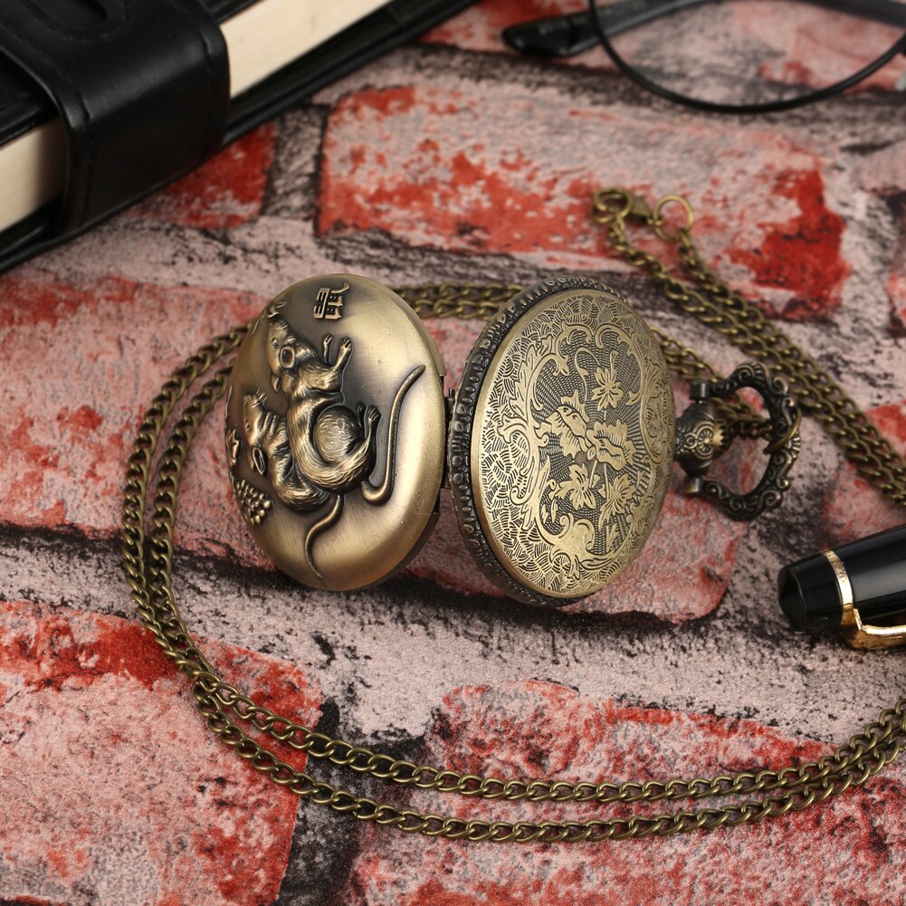 Fickur brons kinesisk zodiac musmönster steampunk arabiska siffror klocka hänge klockor halsband fob klocka unisex