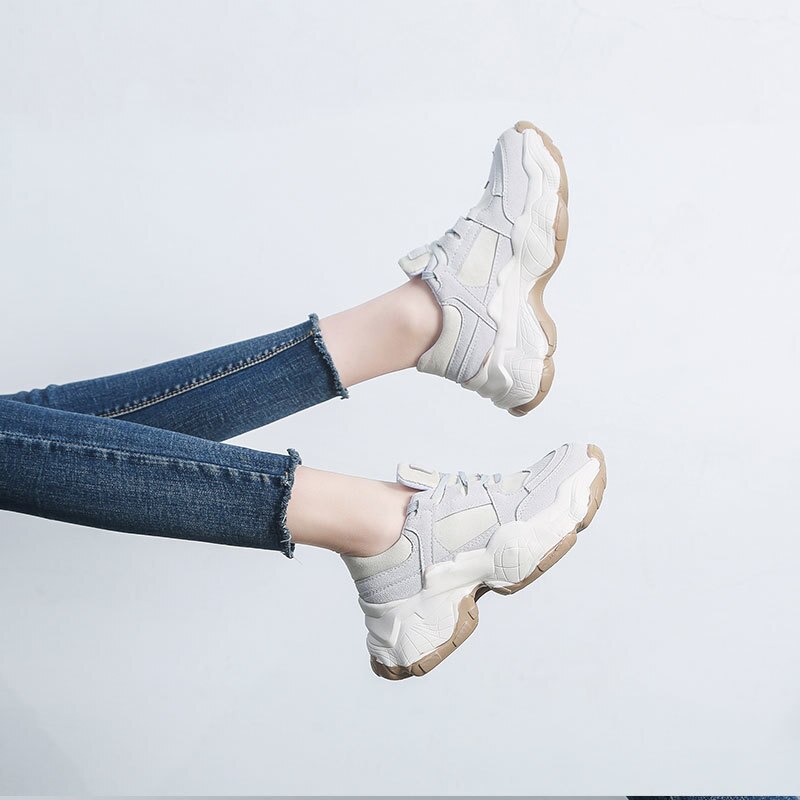 Women's Platform Sneakers - Chunky Lace-Up - Breathable Canvas Running Shoes - Akexiya