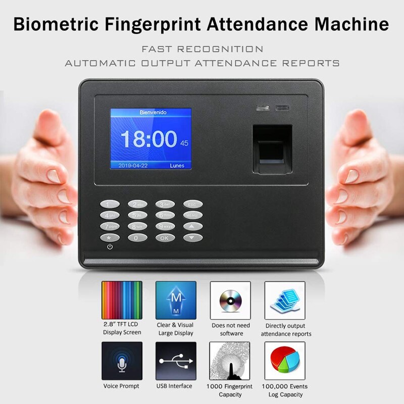 US Plug, H2 ligent Biological Fingerprint Password Attendance Machine Employee Sign-In Recorder