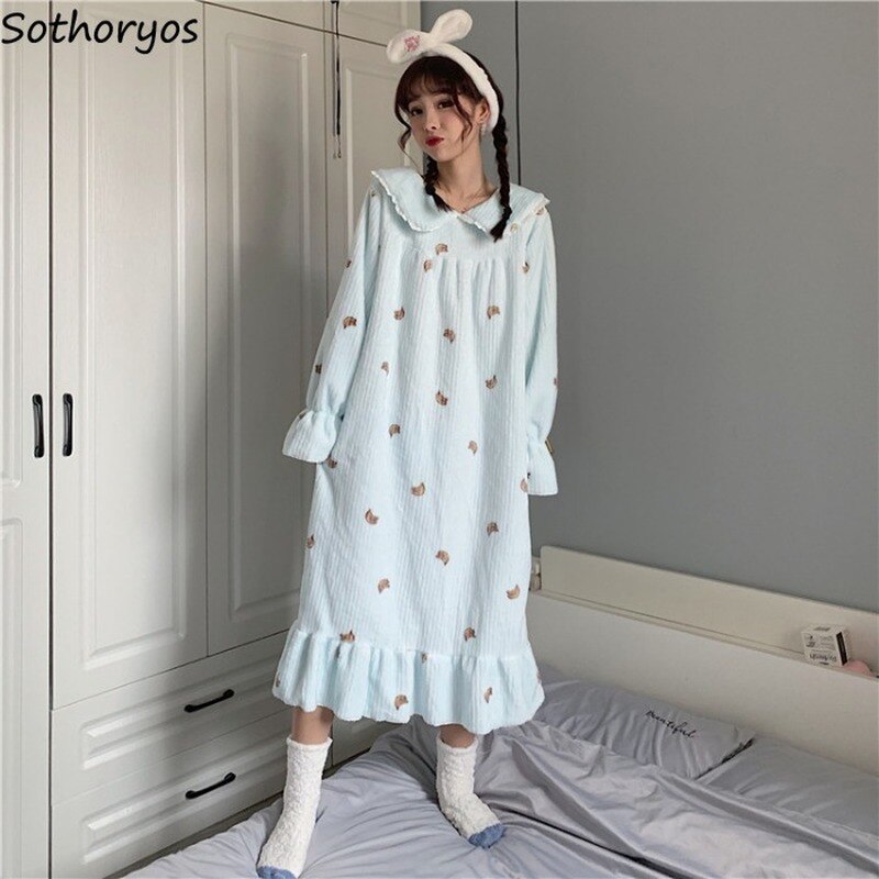 Camisones estampados Kawaii para mujer, ropa para casa suave de terciopelo Coral con volantes, holgados e informales de princesa, para Otoño e Invierno
