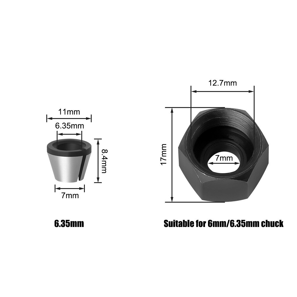 2 st/set 6mm or 6.35mm or 8mm hylsa chuck med mutter gravering trimmaskin elektrisk fräs fräs fräs träbearbetningsverktyg: 6.35mm uppsättningar