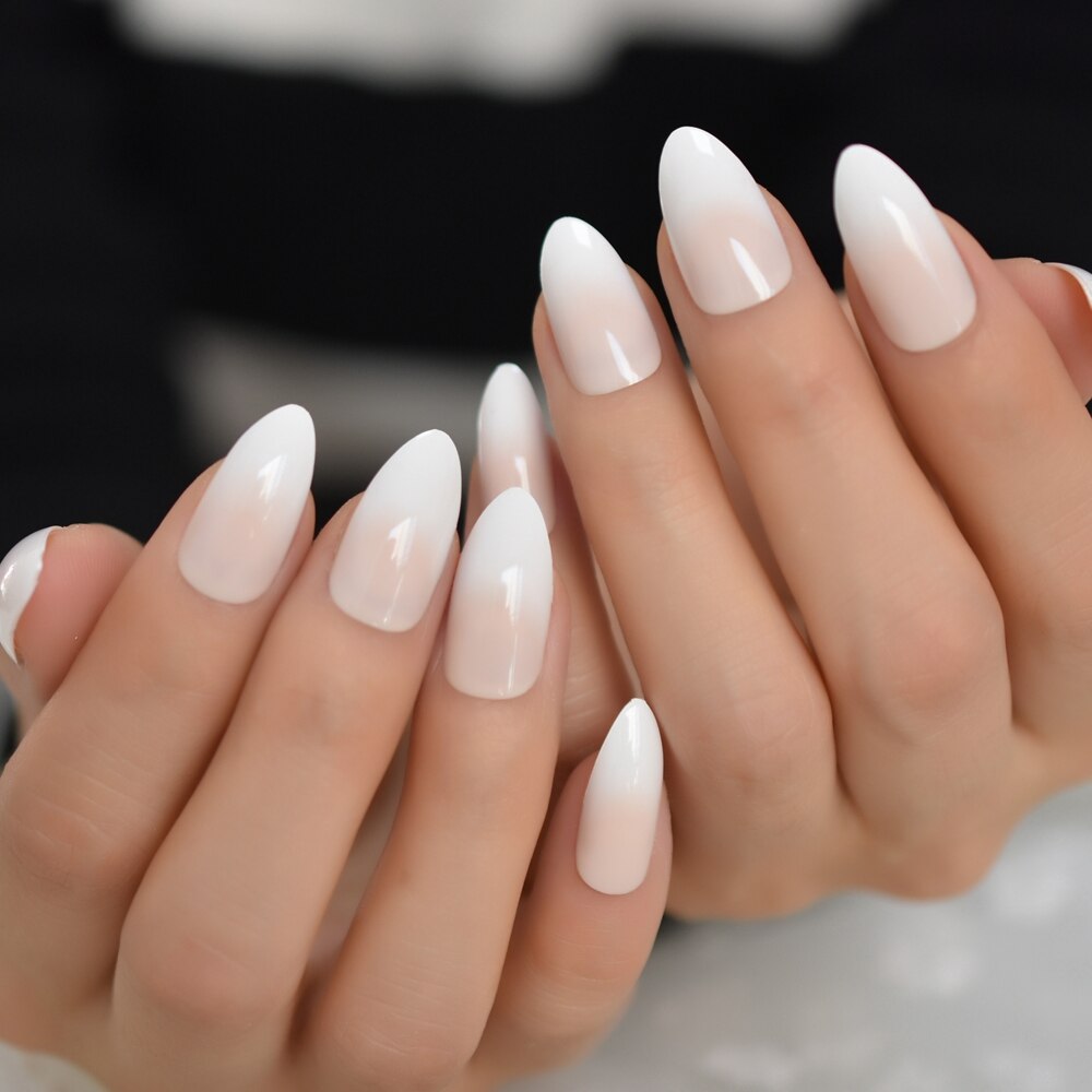 White V Shape French Nails Medium Stiletto Press On Nails Natural Color Predesigned Tips with Glue Sticker: L5544