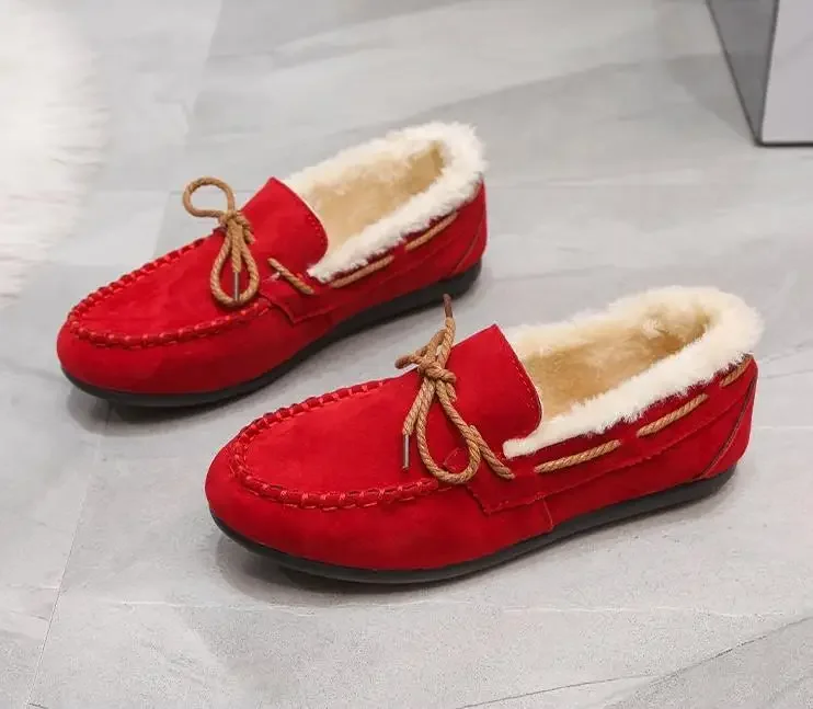 Vinterskor dam casual platta skor dammockasiner mjuka loafers komfort varma plysch rosett slip on dambomullsskor: Röd / 36