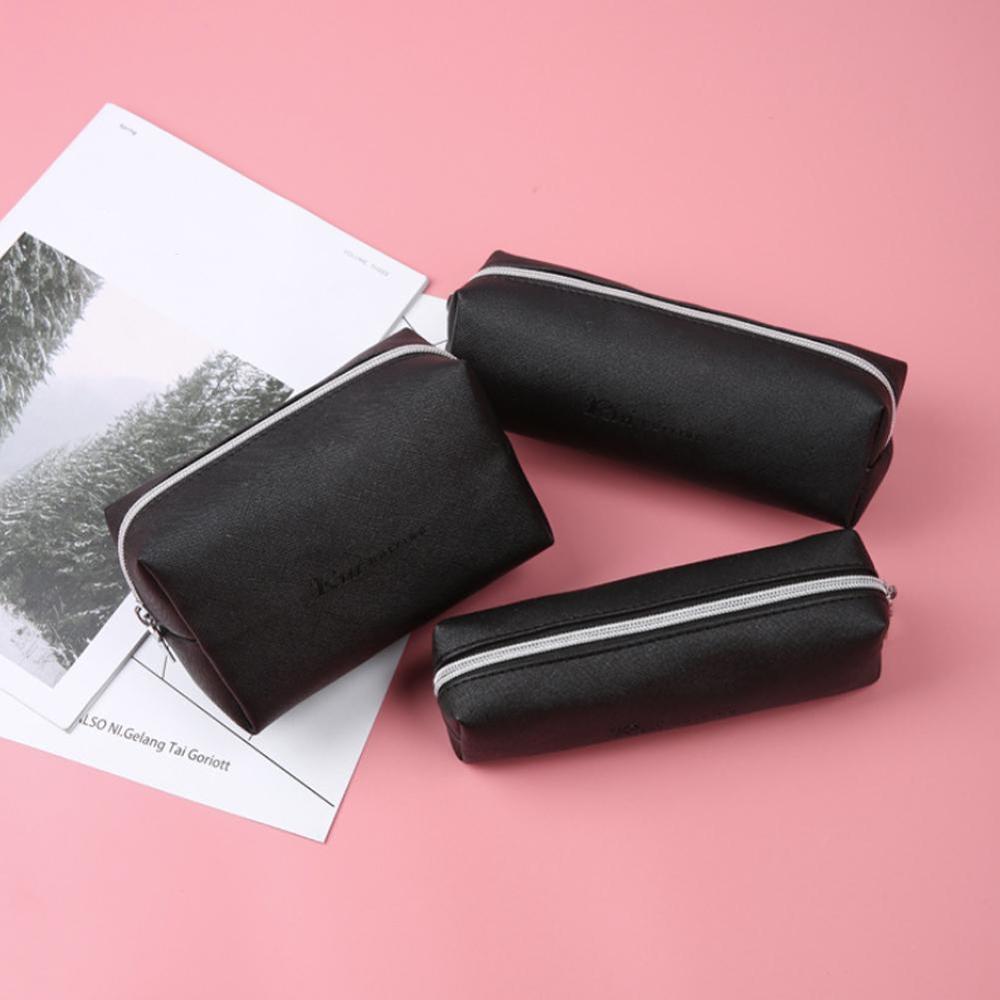 Black Pencil Case For Girls School PU Leather Big Capacity Pencil Bag Pencil Case School Supplies Stationery