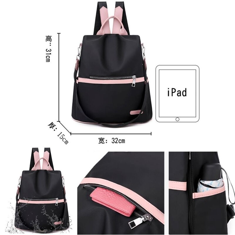 Frauen Reise Rucksack Reisetasche Anti-Diebstahl Oxford Tuch Rucksack Schwarz