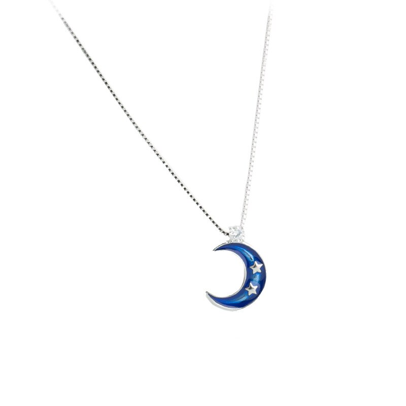 S925 Sterling Zilver Met Druipen Glazuur Blauwe Maan Voor Vrouwelijke Ketting Eenvoudige Wilde Student Sleutelbeen Keten Valentijnsdag