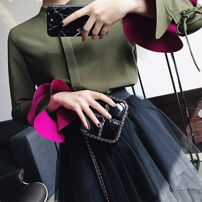 Vgh patchwork blouses voor dames ronde hals flare lange mouwen bandage hit kleur ruches shirts dameskleding herfst