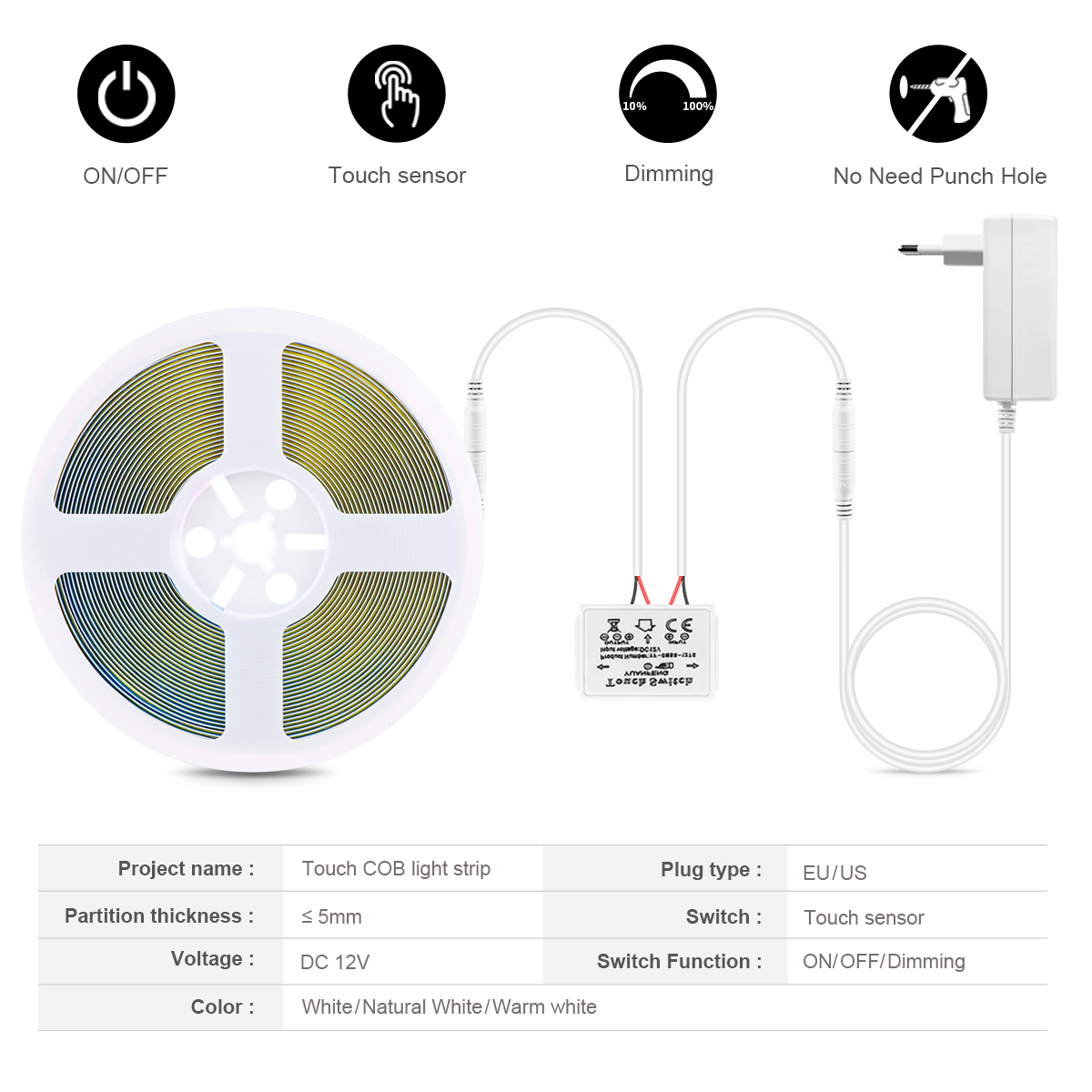 Tira de luces LED para espejo de maquillaje de baño, iluminación de fondo para tocador de 12V, Sensor táctil regulable, luz LED de tocador para decoración