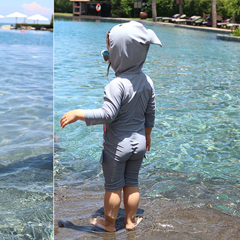 Børn badetøj drenge piger børn langærmet tegneserie haj hætte strand badedragt