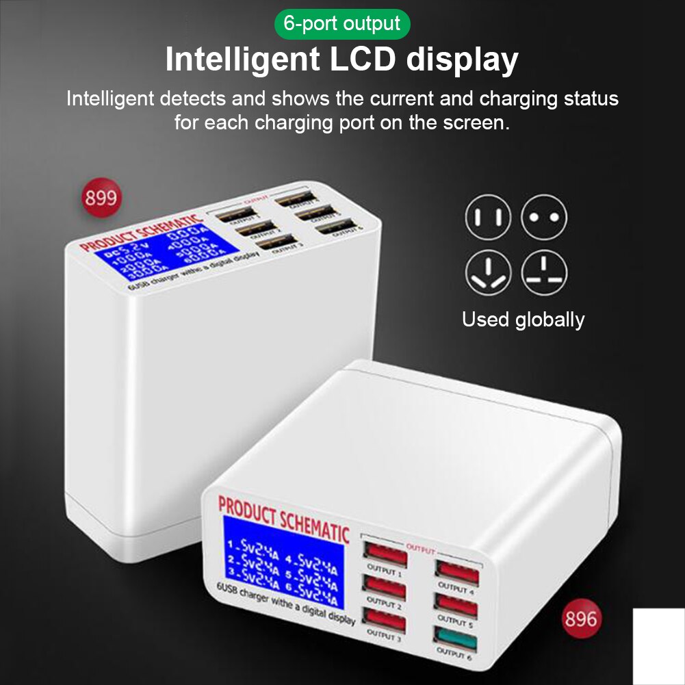 USB Wall Charger Hub with LCD Display 6 Ports 40W Mobile Phone Charger Smart Fast Charging Station For Mobile Phones Tablet PC