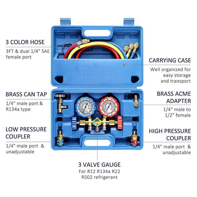 AC Gauges, 3 Way AC Diagnostic Manifold Gauge Set for R134A R12 R22 R502 Refrigerants, with 3FT Hose, Quick Couplers