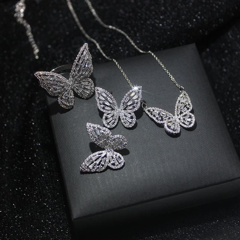 14K Real Conjunto de joyas de oro mariposa collares para las mujeres de lujo de circón cúbico CZ Stud pendientes: 15